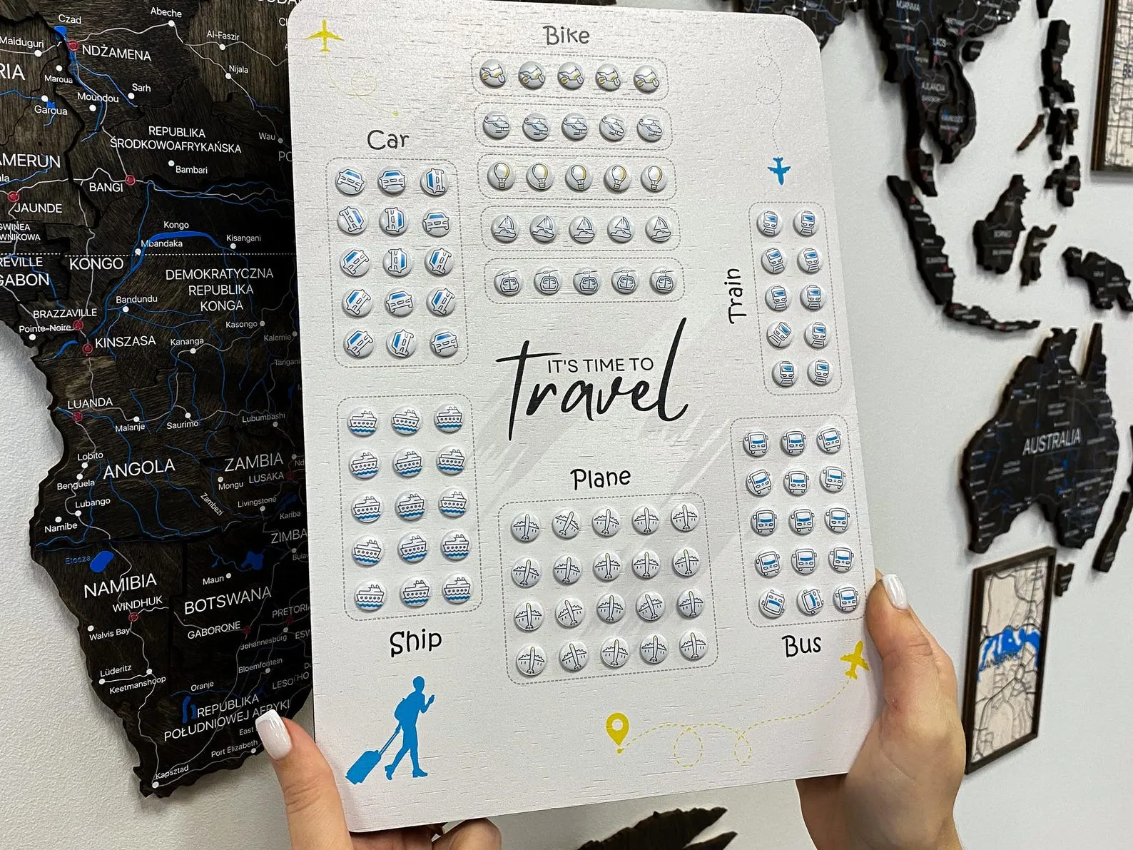 Handcrafted Layered Wooden World Map Push Pin Travel Wall Decor - Image 10