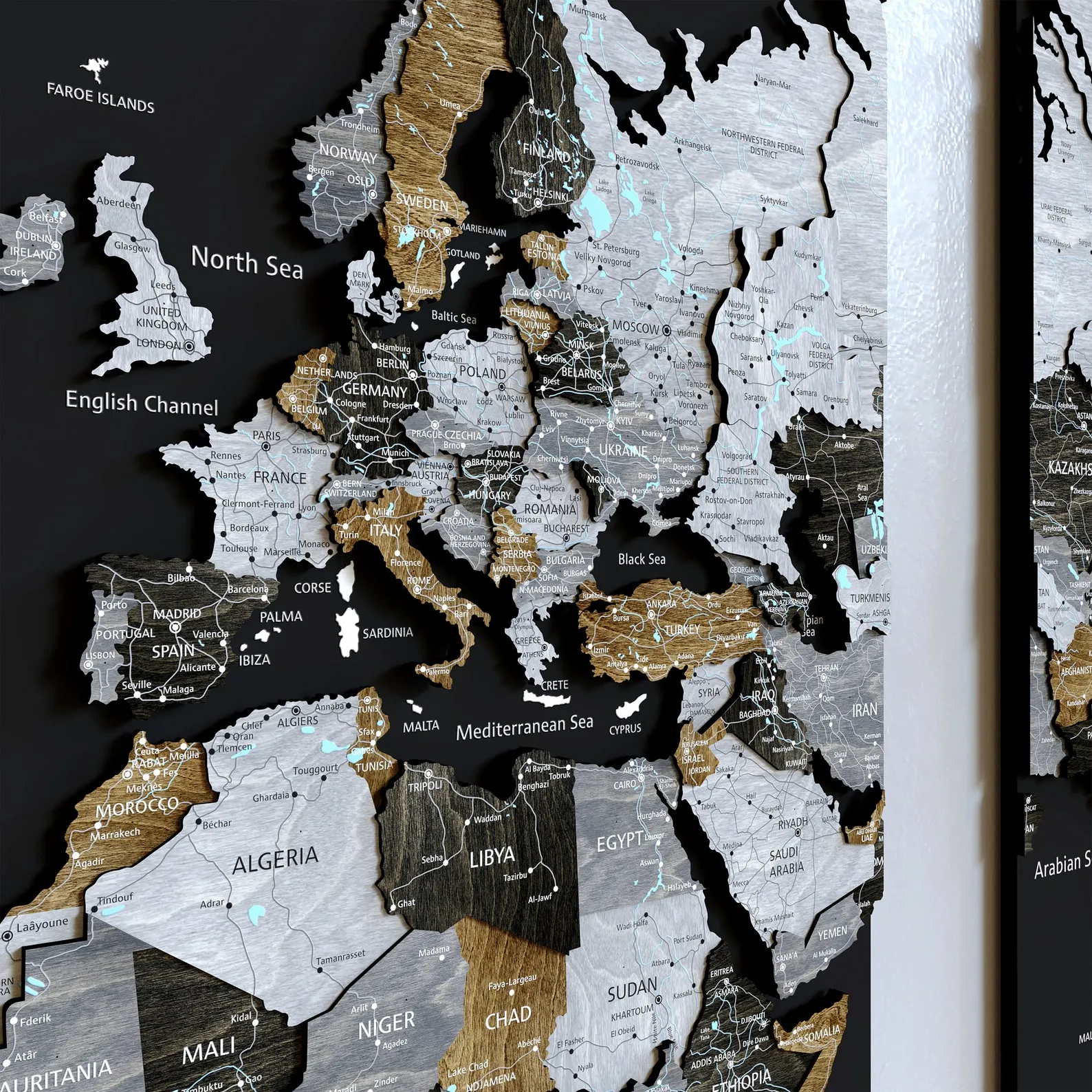 Carved Wooden World Map Relief Wall Panel With Push Pins - Image 2