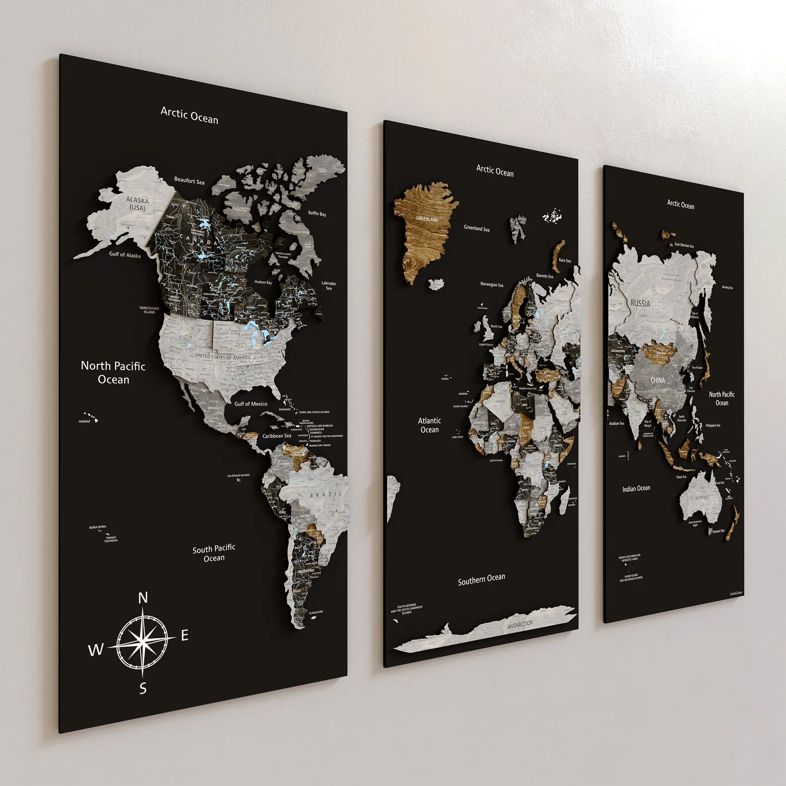 Carved Wooden World Map Relief Wall Panel With Push Pins - Image 3