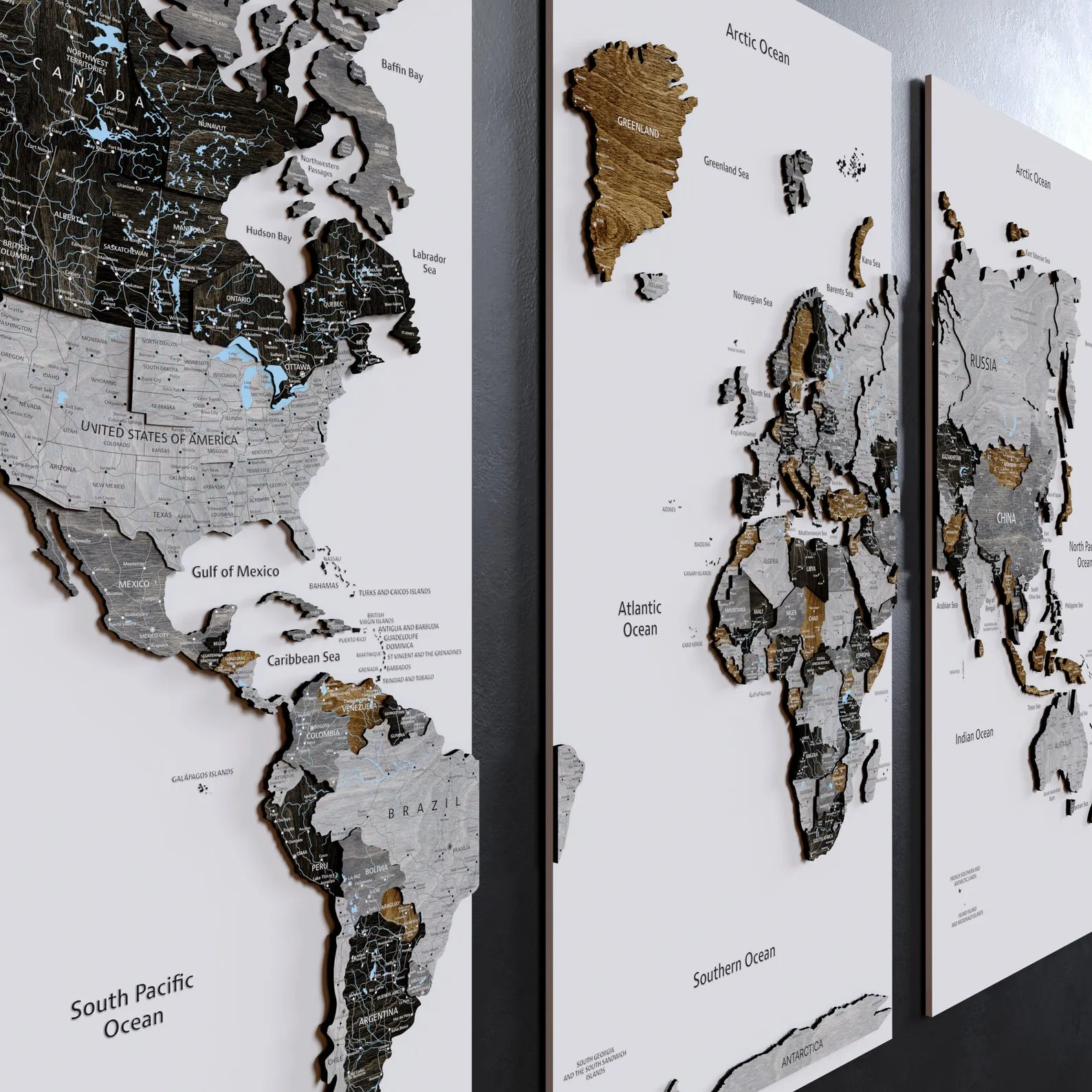 Carved Wooden World Map Relief Wall Panel With Push Pins - Image 4