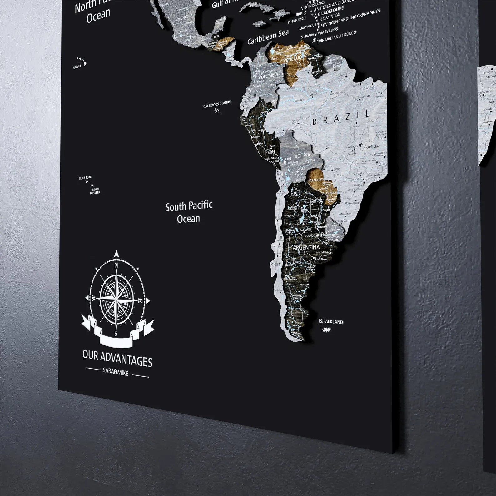 Carved Wooden World Map Relief Wall Panel With Push Pins - Image 6