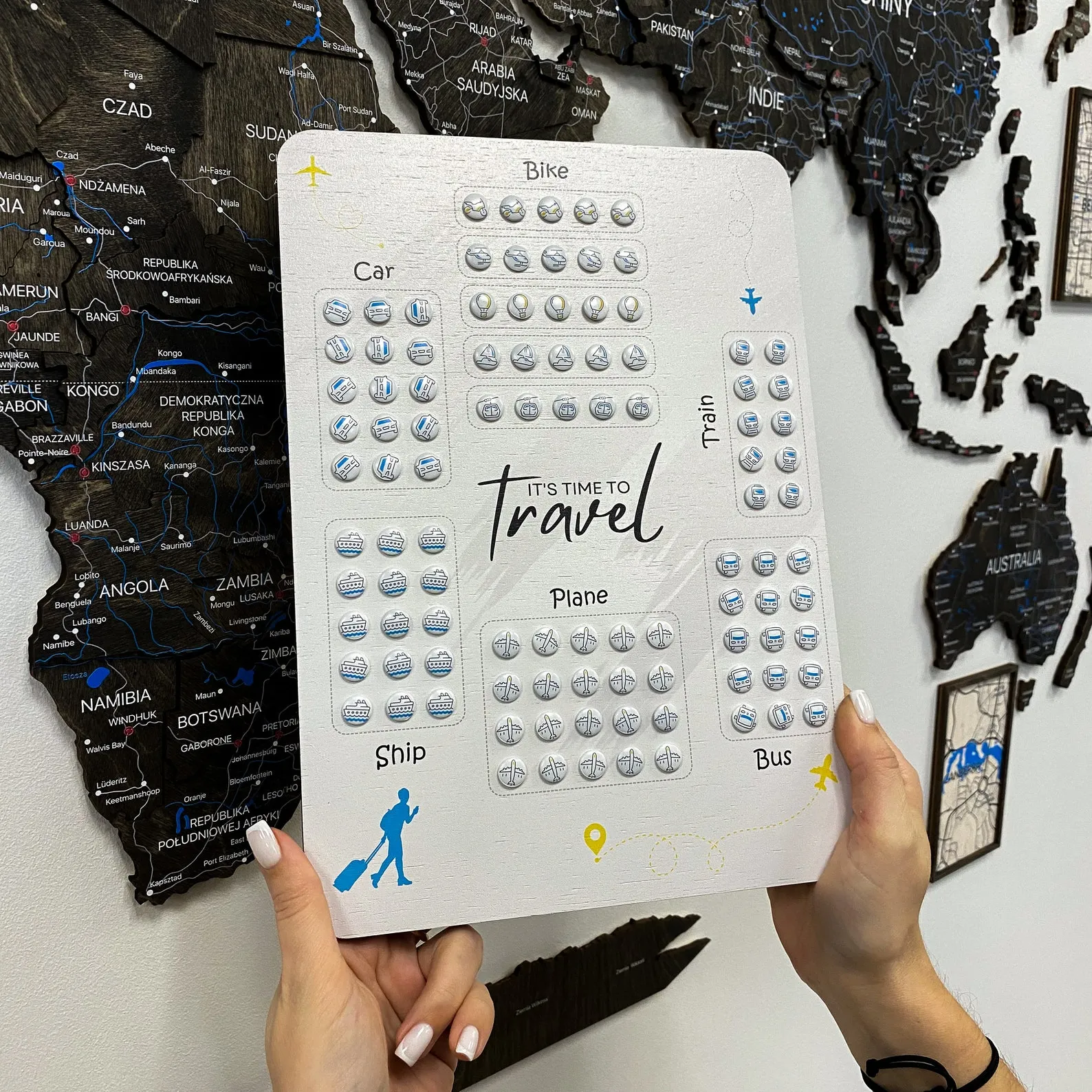 Carved Wooden World Map Relief Wall Panel With Push Pins - Image 9